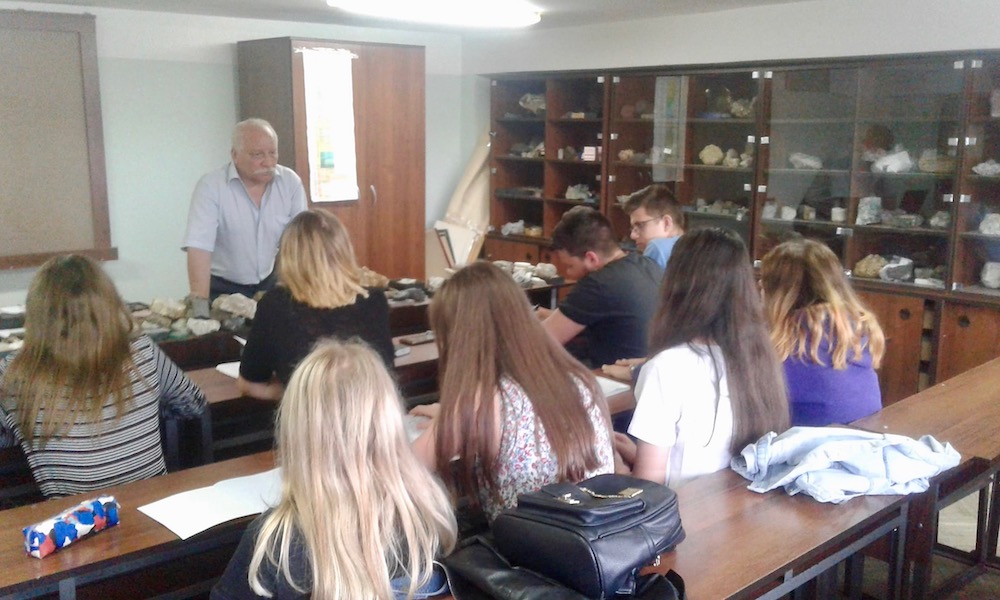 Ihor works with his students on identifying rocks in Lviv, Ukraine