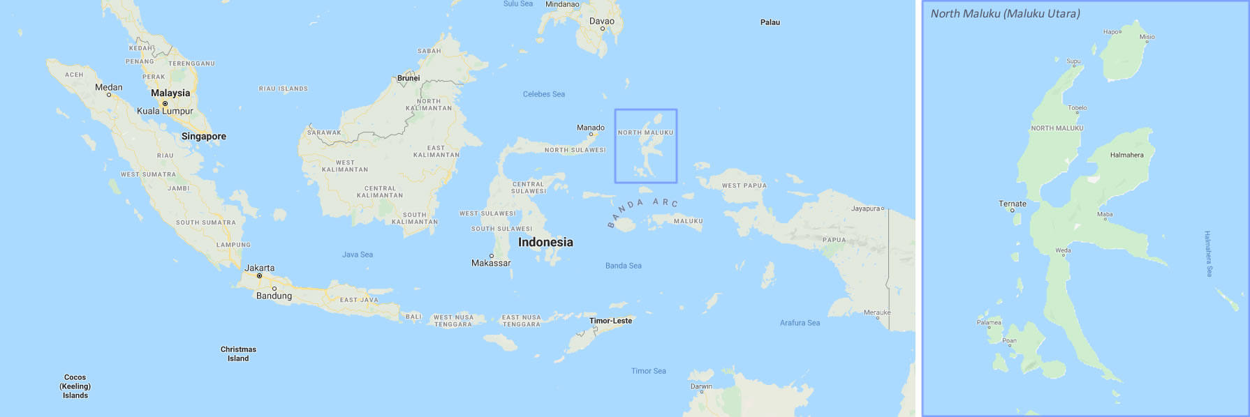 Ternate is located in the northeastern part of the Indonesian archipelago, about midway between the Philippines and Papua