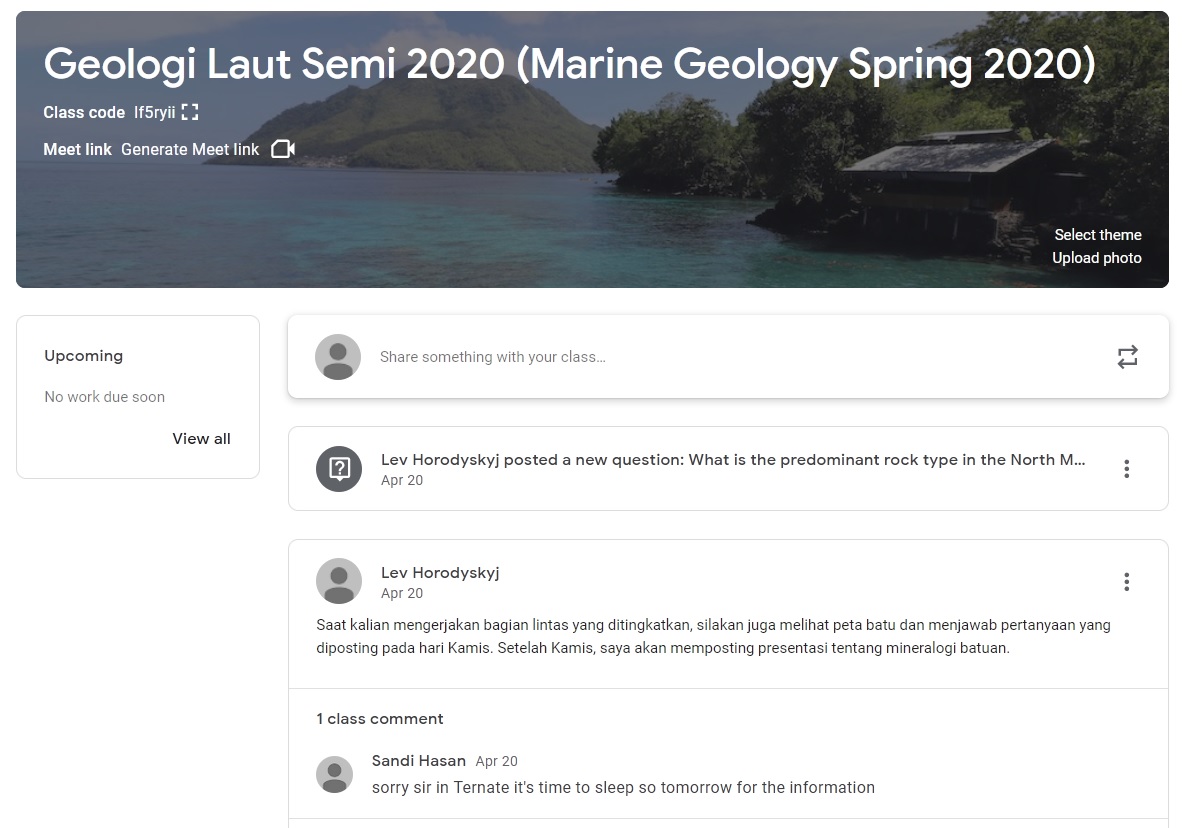 Google Classroom version of the Marine Geology class, with little participation and students confused about timezones