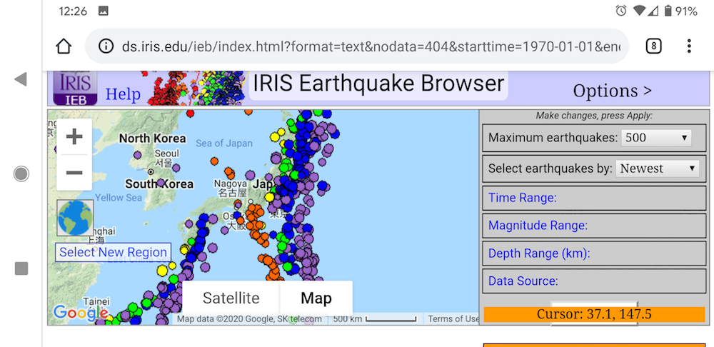 A phone screenshot of the IRIS Earthquake Browser, showing earthquake distribution around Japan in a mostly usable format