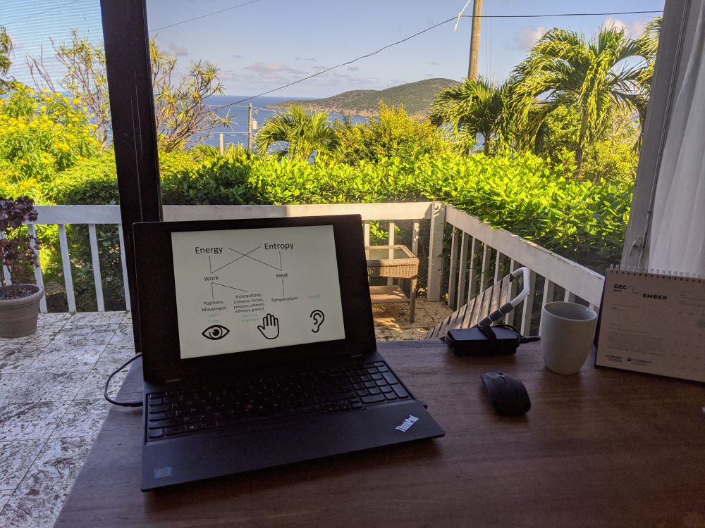 Computer with lecture in front of a beautiful island setting