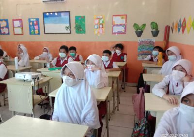 Students in veils and masks sit in a classroom, listening to a presentation