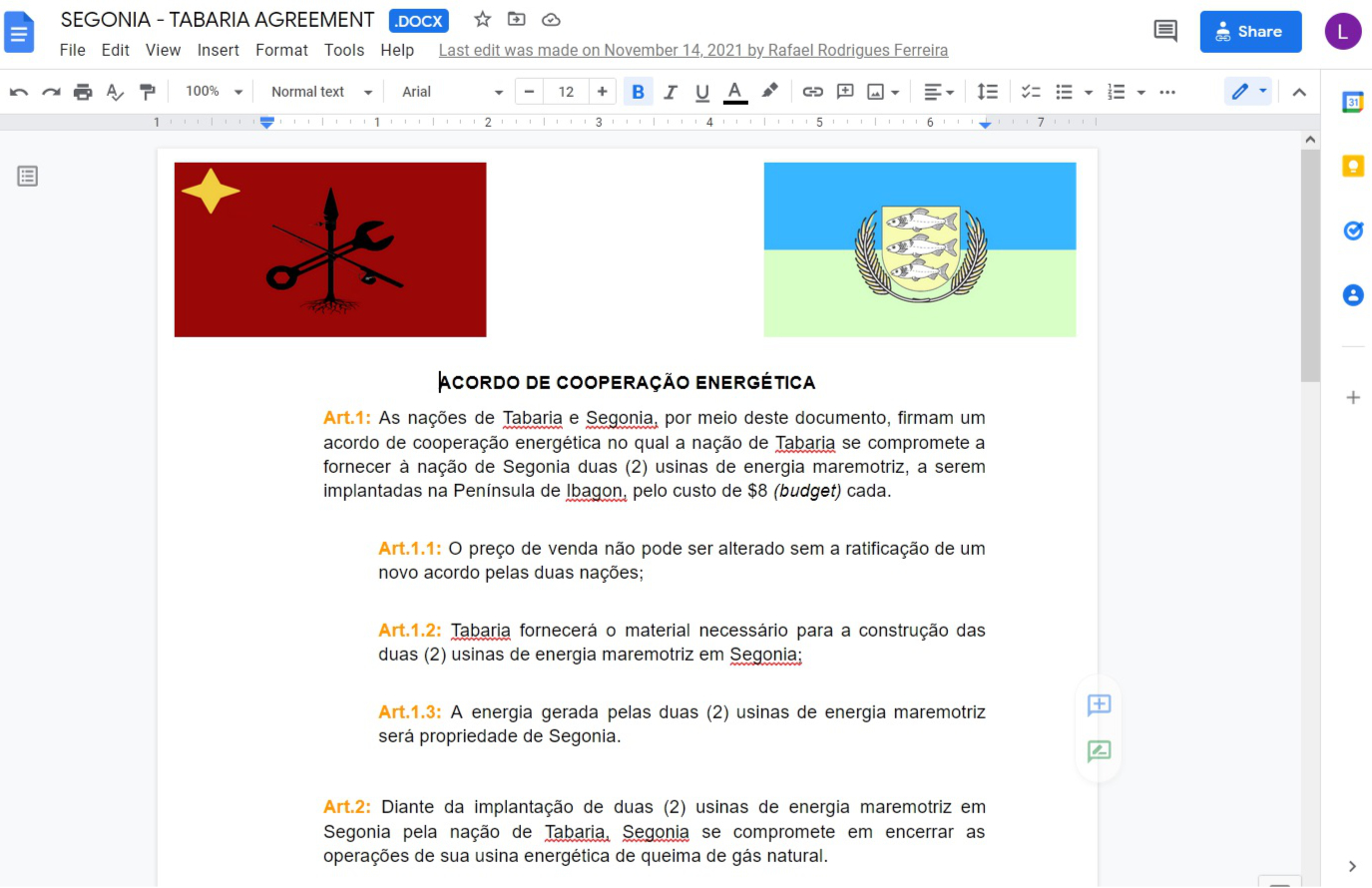 Screenshot of a Google Docs file showing the flags of Segonia and Tabaria and the text of an agreement for energy cooperation written in Brazilian Portuguese