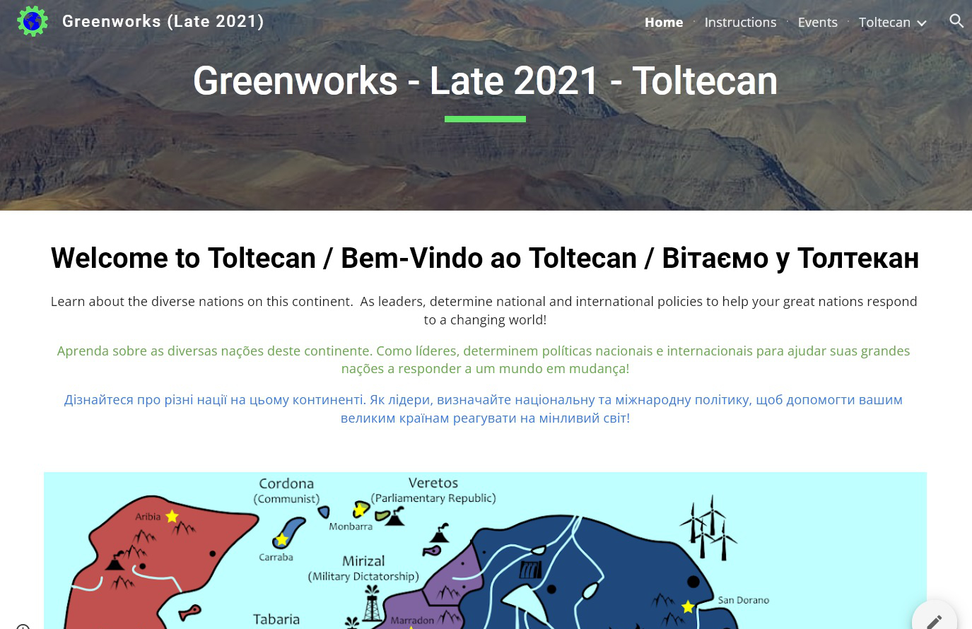 Screenshot of the Google Sites for Greenworks, showing an introduction to the games in three languages (English, Brazilian Portuguese, and Ukrainian) as well as a map of the fictional continent of Toltecan
