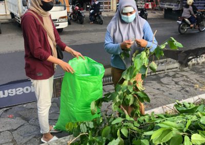 Two women collecting green waste from a market on the side of the street