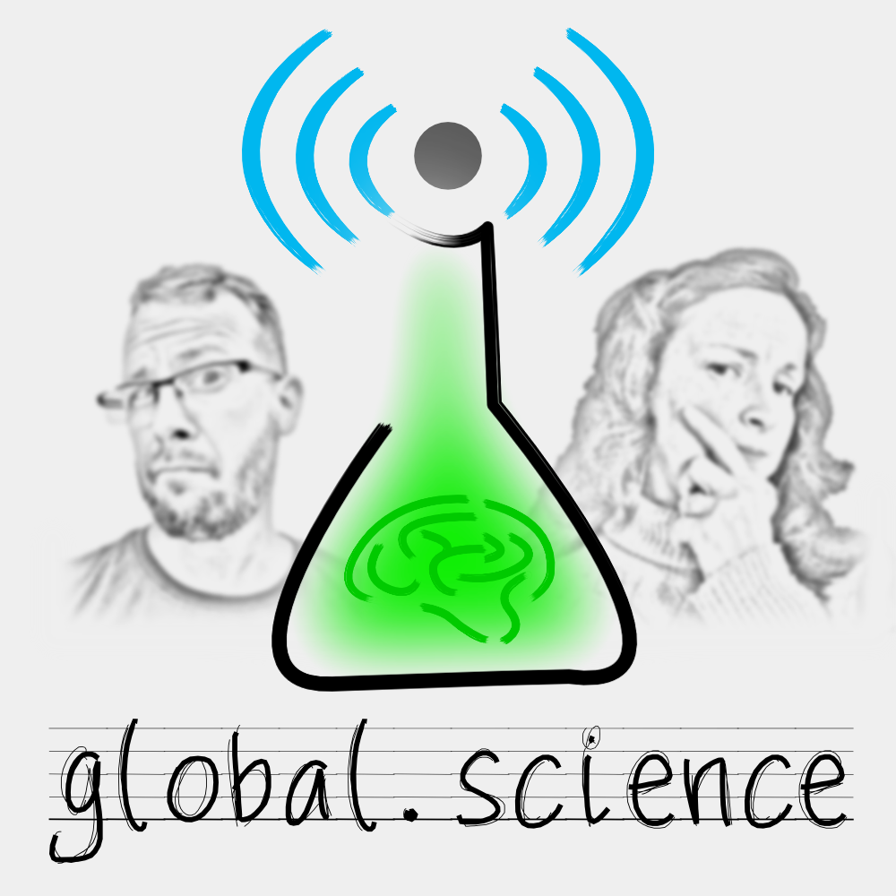 Image of stylized flask with green haze and lines tracing out a brain, topped with a dot that is broadcasting blue waves left and right. Lev and Fabia are in black-and-white sketch, blurred in the background. Global.Science is written beneath on lines that replicate school paper