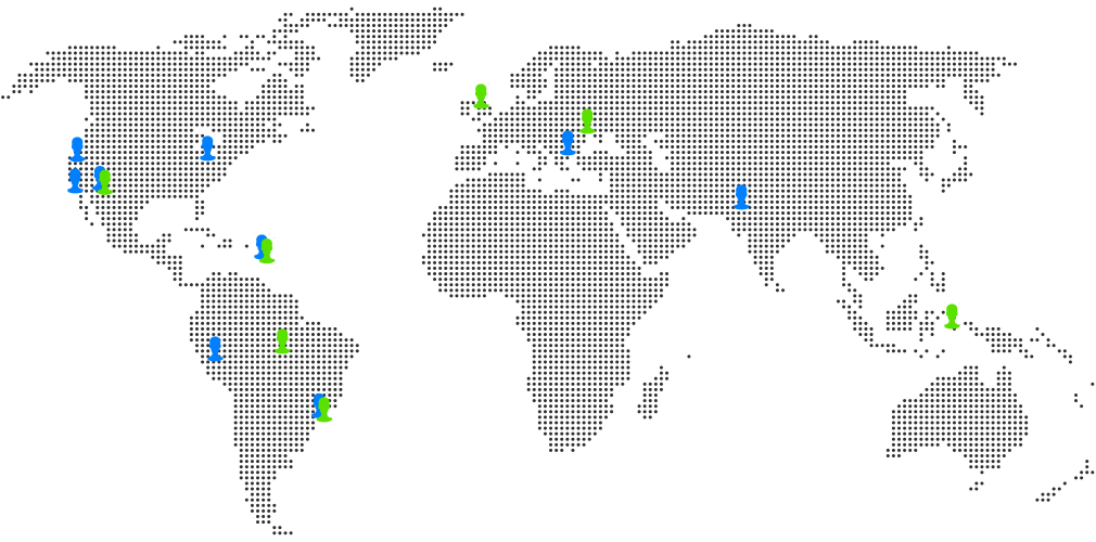 Dot matrix map showing blue people where volunteers are located (Arizona, California, US Virgin Islands, Peru, Brazil, Romania, and Pakistan) and green people where project partners are located (Arizona, US Virgin Islands, Amazonia, Brazil, Scotland, Ukraine, and Indonesia)
