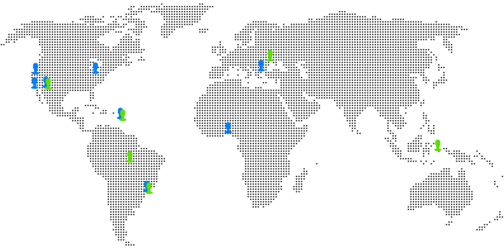 Dot matrix map showing blue people where volunteers are located (Arizona, California, US Virgin Islands, Brazil, Romania, and Nigeria) and green people where project partners are located (Arizona, US Virgin Islands, Amazonia, Brazil, Ukraine, and Indonesia)