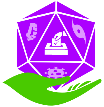 Purple d20 dice with symbols of disaster (rebellion, hurricane, disease) surrounding a symbol of a hand casting a ballot, with the d20 dice being held by a green leaf-like hand