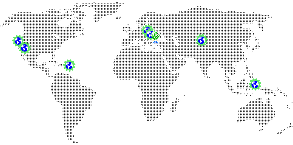 Dot matrix map of the world showing Lev's travels in early 2023 to meet with partners, with the Greenworks logo (globe in a gear) on California, Arizona, the US Virgin Islands, Poland, Slovakia, Uzbekistan, and Indonesia; and the Agavi tri-color agave logo on Romania