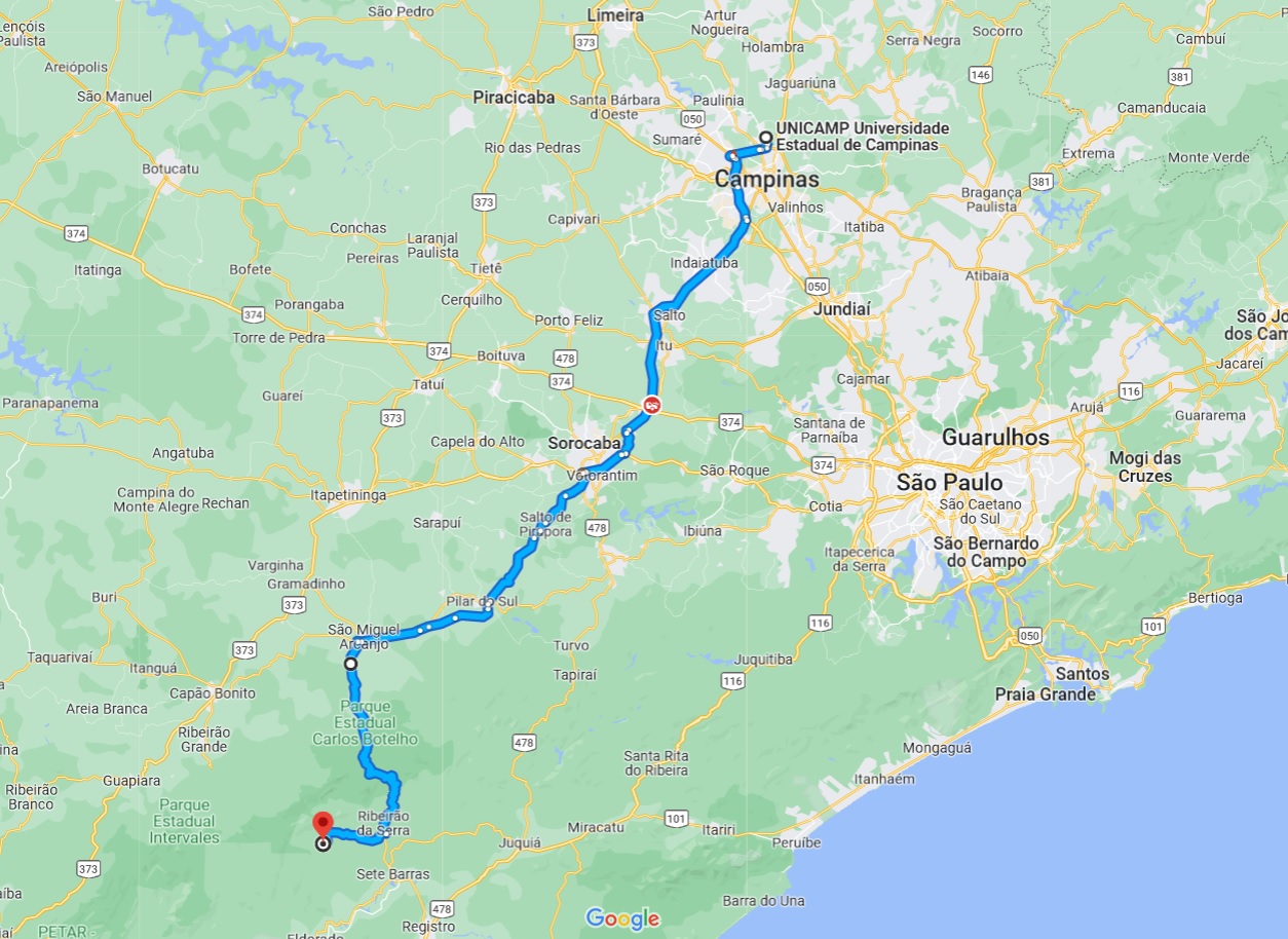 Map showing São Paulo, with Campinas slightly to the northeast and a diagonal line headed southwest to a remote site between Sete Barras and Parque Estadual Carlos Botelho