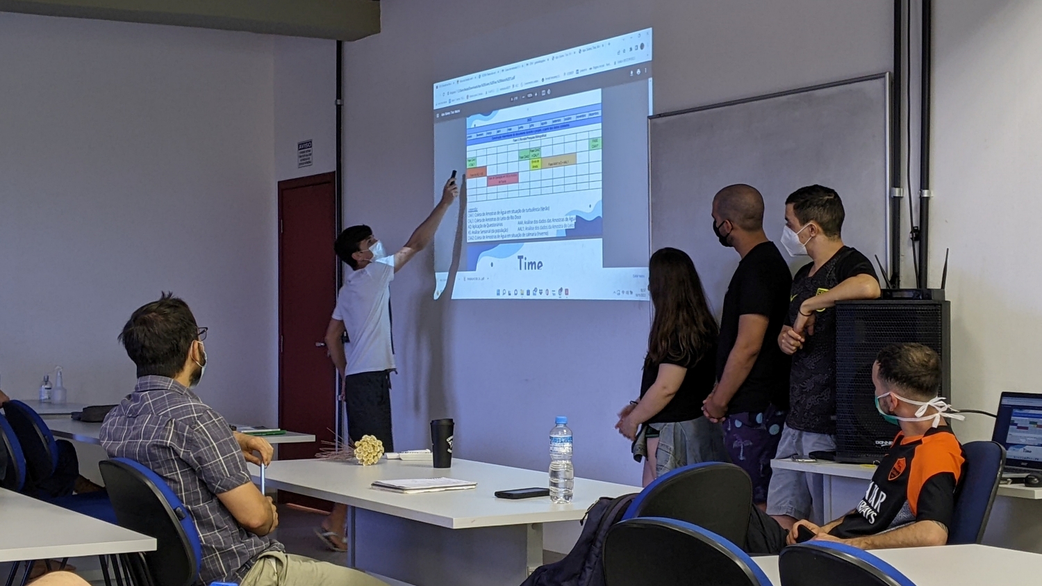 A student in a t-shirt points at a horizontal time table on a projector screen, showing when the various phases of a project will be completed.  His teammates are standing on the other side and looking on.  A professor is watching them.