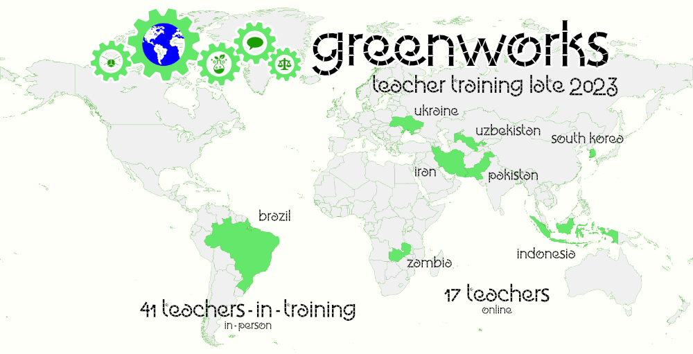 Map of the world showing Brazil, Zambia, Ukraine, Iran, Pakistan, Uzbekistan, Indonesia, and South Korea highlighted with text reading "41 teachers-in-training (in person)" near Brazil and "17 teachers (online) near the other countries