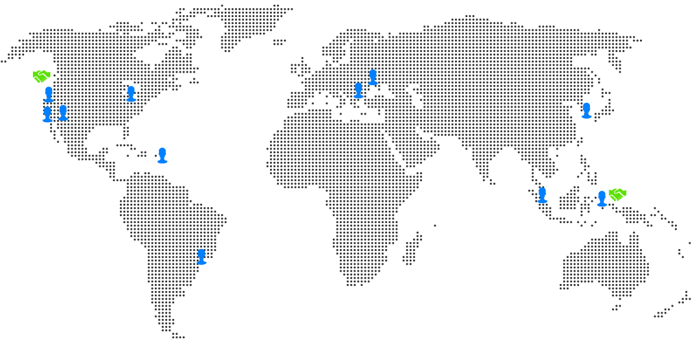 Dot matrix map showing blue people icons where volunteers, teachers, and students we work with are located (USA - Arizona, California, Michigan, US Virgin Islands; Brazil, Indonesia, Singapore, Romania, and Ukraine) and where are major partners are located via green handshake icons (Blue Marble Space Institute of Science in the US and Khairun University in Indonesia)
