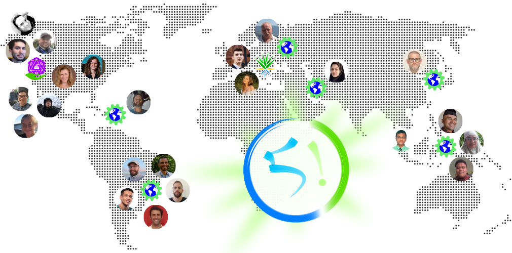 Dot matrix map showing the Greenworks world gear symbols in Brazil, US Virgin Islands, Ukraine, Iran, South Korea, and Indonesia, Agavi agave logo in Romania, and Sustainable States purple gaming dice with green leaf hand in California.  Pictures of all volunteers working with Science Voices as of early 2024 are scattered across the map.  There is a big 5! in the middle of the map with a starburst behind it.
