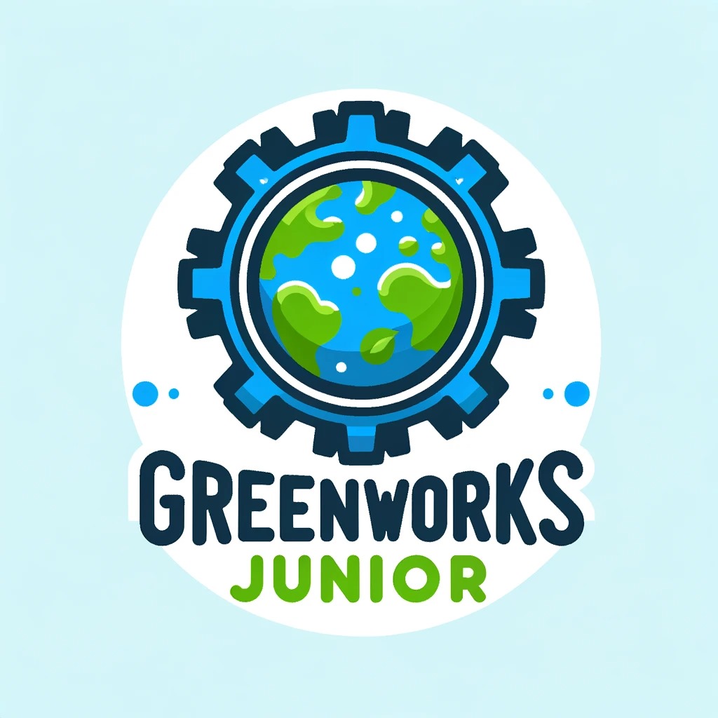 A cartoony Earth inside of a blue gear with "Greenworks Junior" written underneath