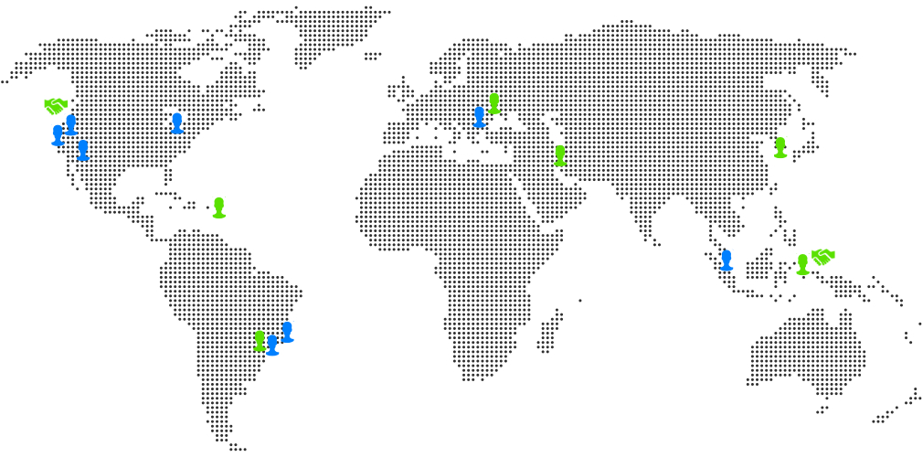Dot matrix map showing blue people icons where volunteers are located (USA - Arizona, California, Michigan, Brazil - São Paulo, Rio de Janeiro, Romania, Singapore), green people icons where teacher partners are located (USA - US Virgin Islands, Brazil - São Paulo, Iran, South Korea, Indonesia) and where our major partners are located via green handshake icons (Blue Marble Space Institute of Science in the US and Khairun University in Indonesia)