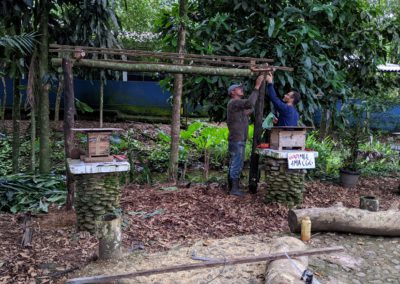 Two men working on a meliponario, consisting of two vertical wooden beams and a cross-beam connecting them. Level and roof materials are nearby