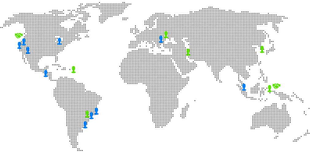 Dot matrix map showing blue people icons where volunteers are located (USA - Arizona, California, Michigan, Argentina, Brazil - São Paulo, Rio de Janeiro, Guatemala Romania, Singapore), green people icons where teacher partners are located (USA - US Virgin Islands, Brazil - São Paulo, Iran, South Korea, Indonesia) and where our major partners are located via green handshake icons (Blue Marble Space Institute of Science in the US and Khairun University in Indonesia)
