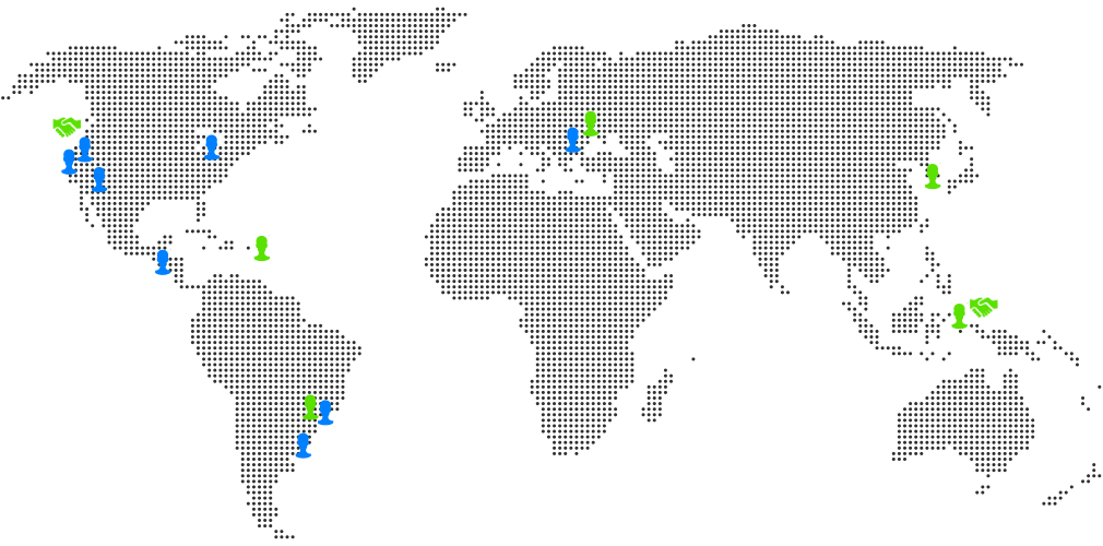 Dot matrix map showing blue people icons where volunteers are located (USA - Arizona, California, Michigan, Argentina, Brazil, Guatemala Romania), green people icons where teacher partners are located (USA - US Virgin Islands, Brazil, South Korea, Indonesia) and where our major partners are located via green handshake icons (Blue Marble Space Institute of Science in the US and Khairun University in Indonesia)