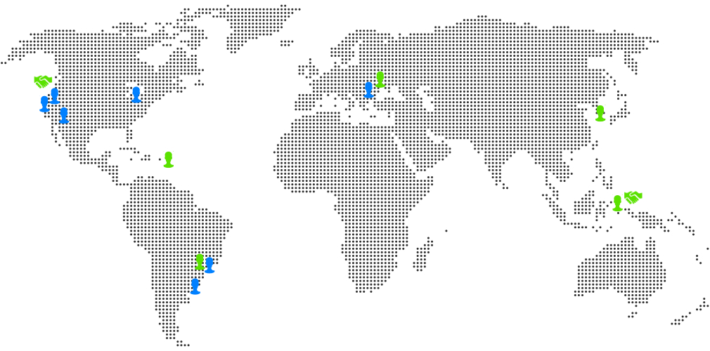 Dot matrix map showing blue people icons where volunteers are located (USA - Arizona, California, Michigan, Argentina, Brazil, Romania), green people icons where teacher partners are located (USA - US Virgin Islands, Brazil, South Korea, Indonesia) and where our major partners are located via green handshake icons (Blue Marble Space Institute of Science in the US and Khairun University in Indonesia)