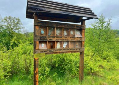 Wooden panel with roofing and multiple alcoves with glass, paper, tin cans, and other garbage and the amount of time it would take the garbage to degrade in the environment