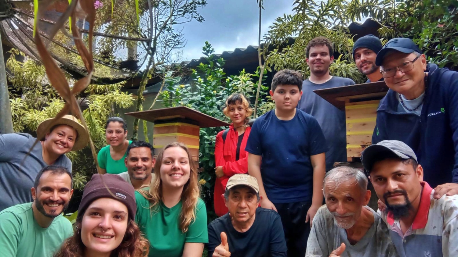 Beeworks Brazil August 2025 A group of Brazilians standing near boxes full of bees in a rainforest
