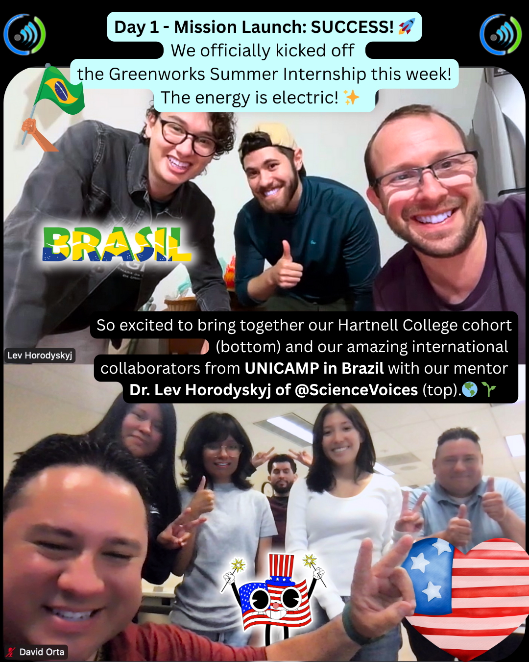 Greenworks in Greenfield Two panels, with the upper one showing two young Brazilian men and a middle-aged professor smiling, and the bottom panel showing two middle-aged teachers and three young women students