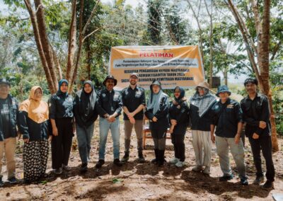 Indonesian men and women standing in a row in front of a sign that announces the Beeworks workshop in Indonesian
