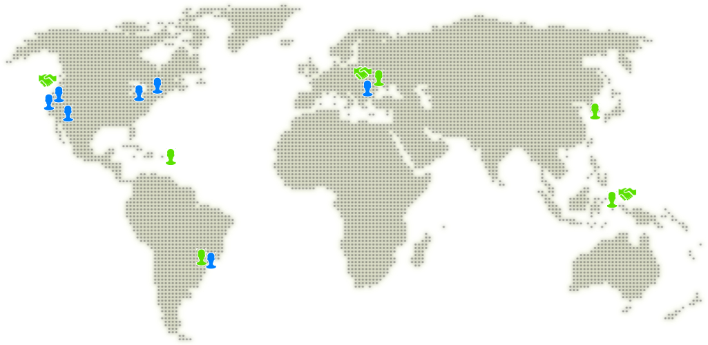 People, Projects, and Partnerships (Early 2025) Dot matrix map showing blue people icons where volunteers are located (USA - Arizona, California, Michigan; Canada, Brazil; Romania), green people icons where teacher partners are located (USA - US Virgin Islands; Brazil; Indonesia; South Korea; Ukraine) and where our major institutional partners are located via green handshake icons (USA - Blue Marble Space Institute of Science; Indonesia - Khairun University; Ukraine - Lviv Polytechnic University, Ivan Franko Lviv National University of Lviv, Precarpathian Professional College of Forestry and Tourism)